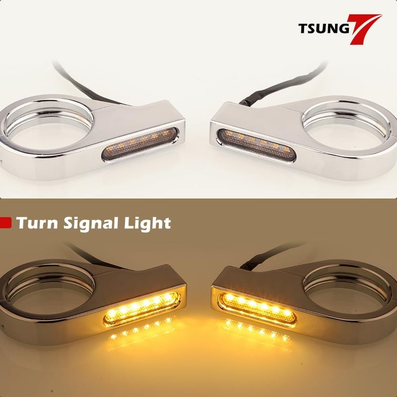 TSUNG Motorcycle Fork Mounted LED Turn Signals 39-41mm Switchback Sequential Amber Light with Bracket Indicater for Cruiser, Street Bike & Touring Motorcycles (Chrome Amber) - Image 3